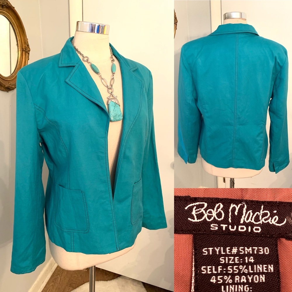 Women’s Bob Mackie aqua Blazer size 14 Linen Rayon business Casual